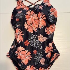 Black Floral One-Piece Swim Bodysuit with Coral Print